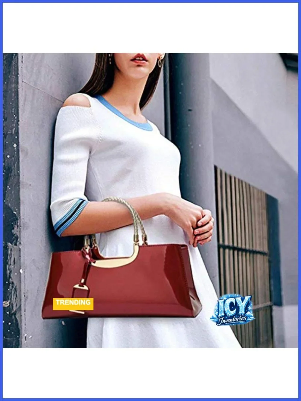 Patent Leather Structured Satchel Handbag Evening Party Crossbody Top Handle